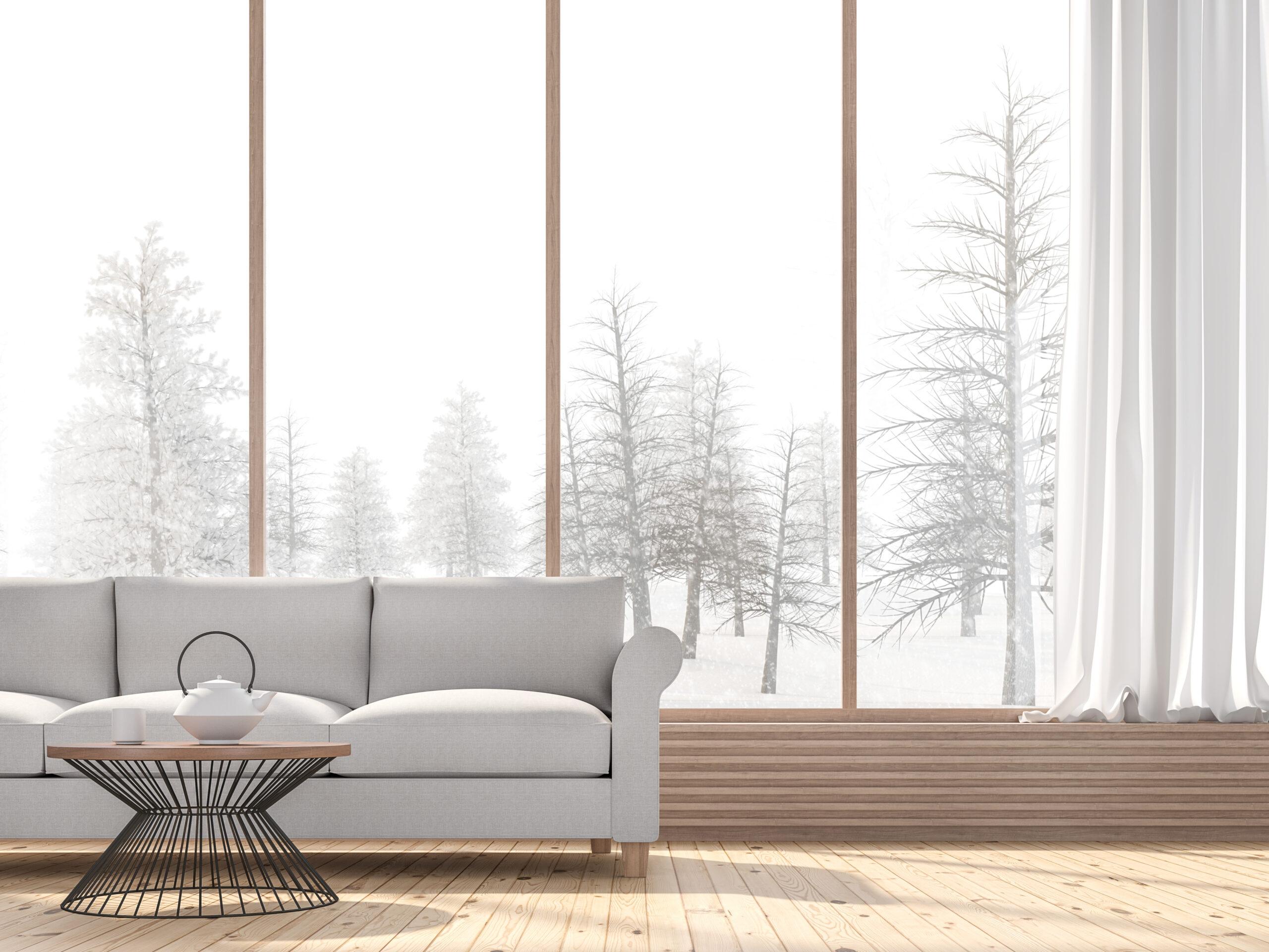 Winter living room with snow scene background 3d render