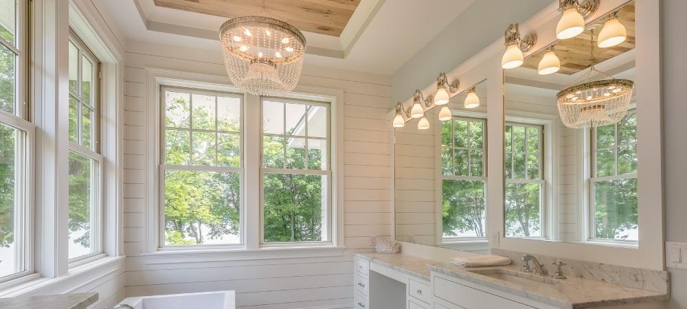 Gorgeous master bathroom with wood tray ceiling